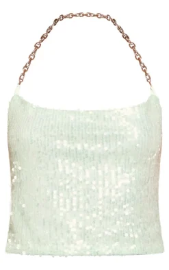 Discount PrettyLittleThing Sequin Chain Halterneck Long Top Green