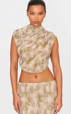Outlet PrettyLittleThing Sequin Tie Back High Neck Cowl Crop Top Green