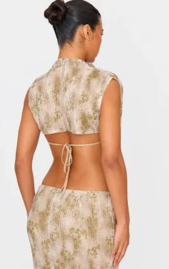 Outlet PrettyLittleThing Sequin Tie Back High Neck Cowl Crop Top Green