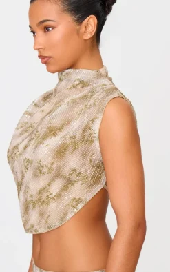 Outlet PrettyLittleThing Sequin Tie Back High Neck Cowl Crop Top Green