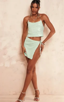 Outlet PrettyLittleThing Sequin Tie Extreme Split Mini Skirt Green