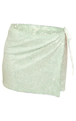 Outlet PrettyLittleThing Sequin Tie Extreme Split Mini Skirt Green