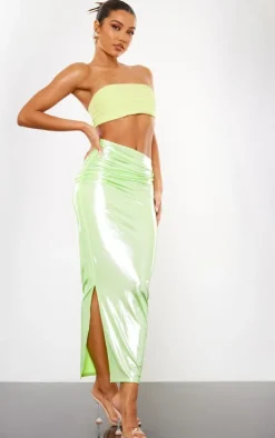 Green Shimmer Woven Twist Front Maxi Skirt