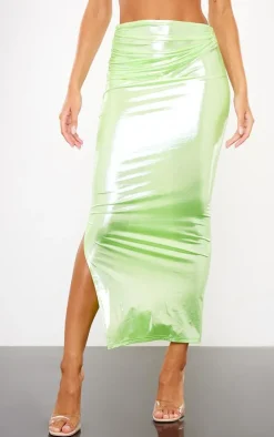 Green Shimmer Woven Twist Front Maxi Skirt