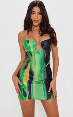 Smoke Print Satin V Bar Bandeau Bodycon Dress-PrettyLittleThing Hot