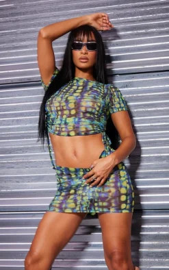 Hot PrettyLittleThing Snake Print Mesh Micro Mini Skirt Green