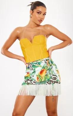 Green Snake Print Tassel Hem Wrap Mini Skirt