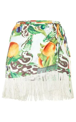 Green Snake Print Tassel Hem Wrap Mini Skirt