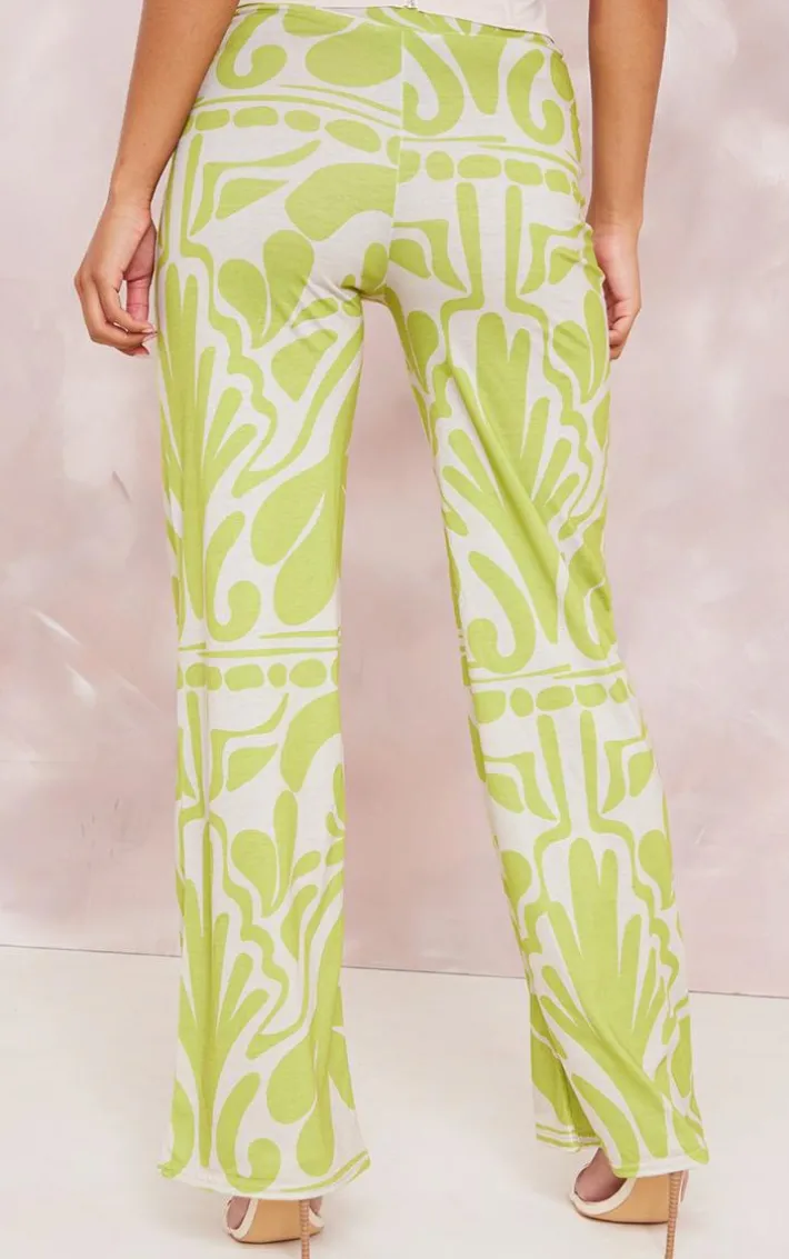 Green Swirl Printed Jersey Printed Wide Leg Pants