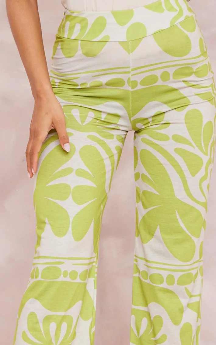 Green Swirl Printed Jersey Printed Wide Leg Pants