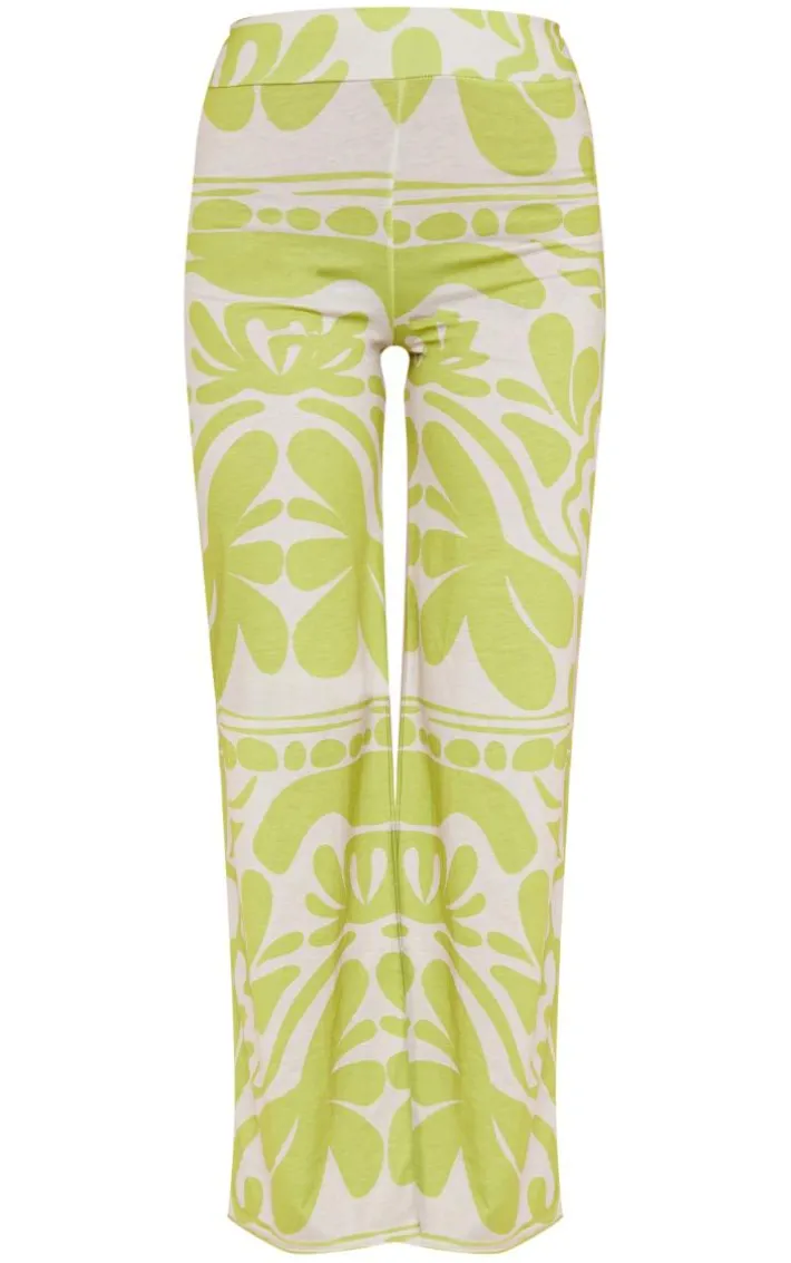 Green Swirl Printed Jersey Printed Wide Leg Pants