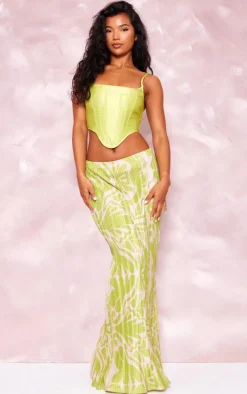 Green Swirl Printed Plisse Maxi Skirt