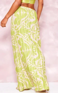 Green Swirl Printed Plisse Maxi Skirt