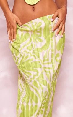 Green Swirl Printed Plisse Maxi Skirt