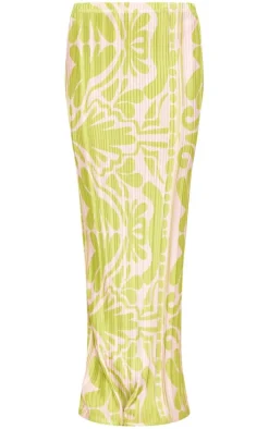 Green Swirl Printed Plisse Maxi Skirt