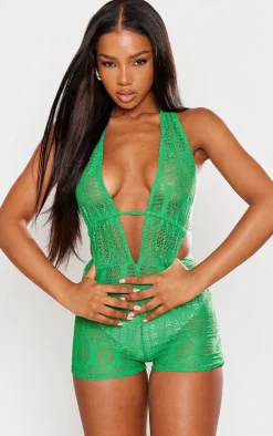 Green Textured Jersey Halter Neck Romper