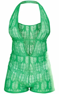 Green Textured Jersey Halter Neck Romper