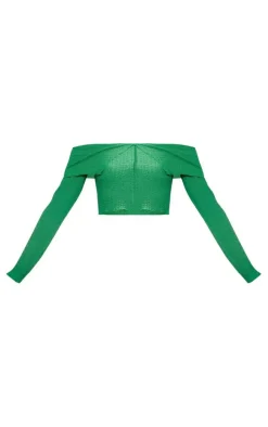 Green Textured Popcorn Foldover Bardot Top