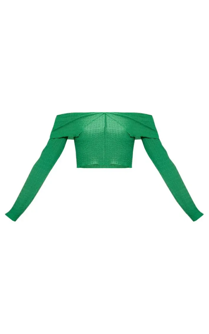 Green Textured Popcorn Foldover Bardot Top