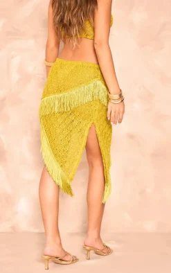 Outlet PrettyLittleThing Textured Tassel Asymmetric Frill Midi Length Skirt Green
