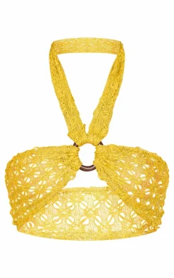 Best PrettyLittleThing Textured Tassel Ring Halterneck Detail Bandeau Green