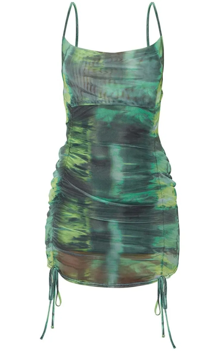 Tie Dye Print Strappy Ruched Tie Hem Bodycon Dress-PrettyLittleThing Discount