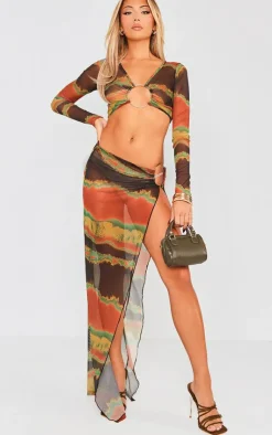 Discount PrettyLittleThing Tie Dye Printed Mesh Ring Detail Maxi Skirt Green