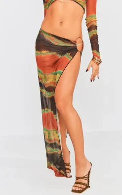 Discount PrettyLittleThing Tie Dye Printed Mesh Ring Detail Maxi Skirt Green