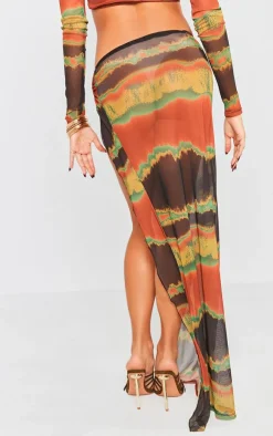 Discount PrettyLittleThing Tie Dye Printed Mesh Ring Detail Maxi Skirt Green