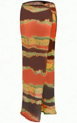 Discount PrettyLittleThing Tie Dye Printed Mesh Ring Detail Maxi Skirt Green