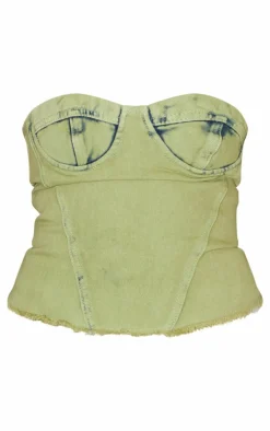 PrettyLittleThing Corsets*Green Tint Acid Wash Corset Crop Top