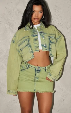 Green Tint Acid Wash Raw Hem Mini Skirt