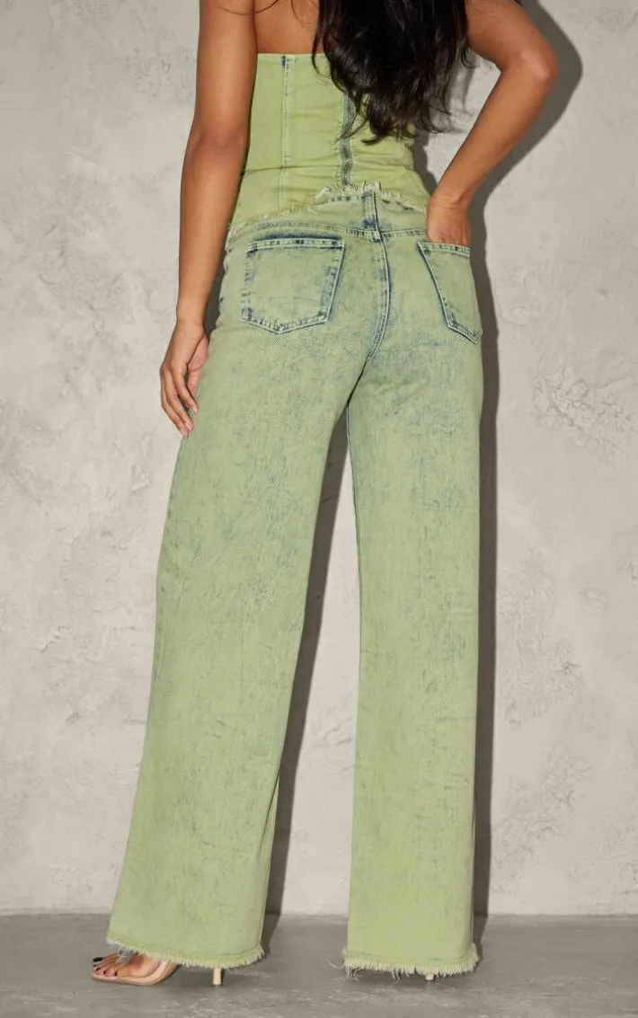 Green Tint Acid Wash Raw Hem Wide Leg Jeans