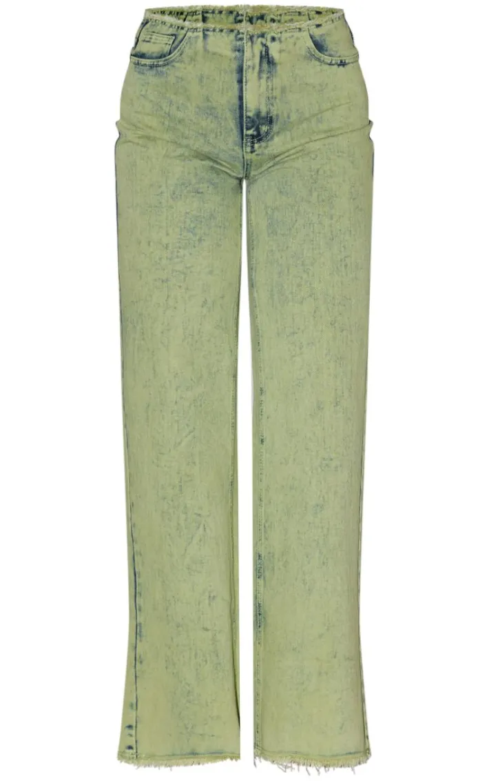 Green Tint Acid Wash Raw Hem Wide Leg Jeans