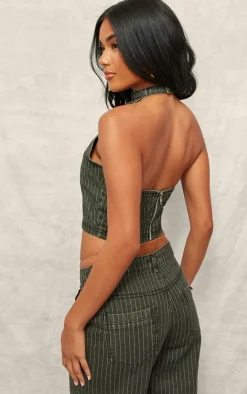 Green Tint Vintage Pinstripe Halterneck Denim Top
