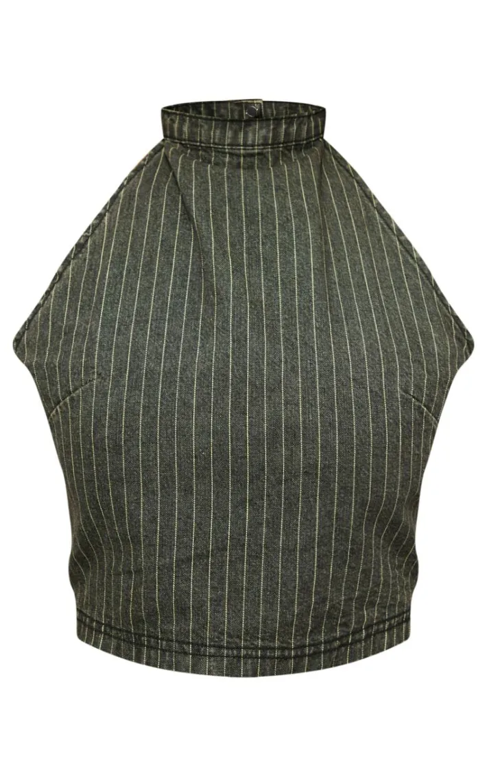 Green Tint Vintage Pinstripe Halterneck Denim Top