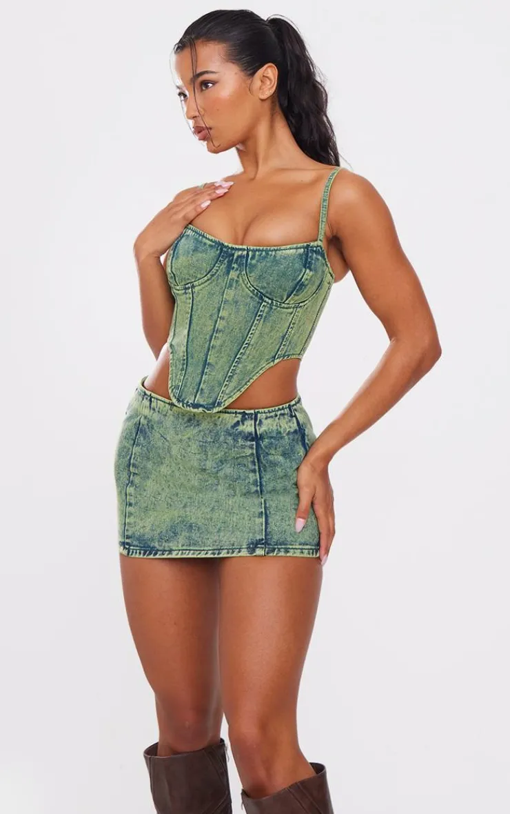 Discount PrettyLittleThing Green Tint Curved Hem Denim Corset Top Vintage Wash