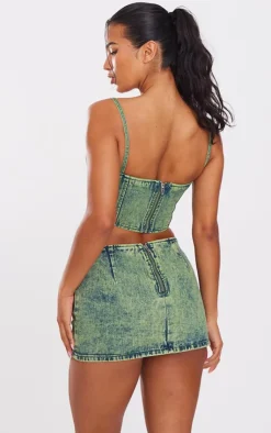 Discount PrettyLittleThing Green Tint Curved Hem Denim Corset Top Vintage Wash