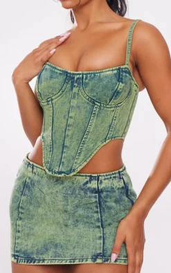 Discount PrettyLittleThing Green Tint Curved Hem Denim Corset Top Vintage Wash