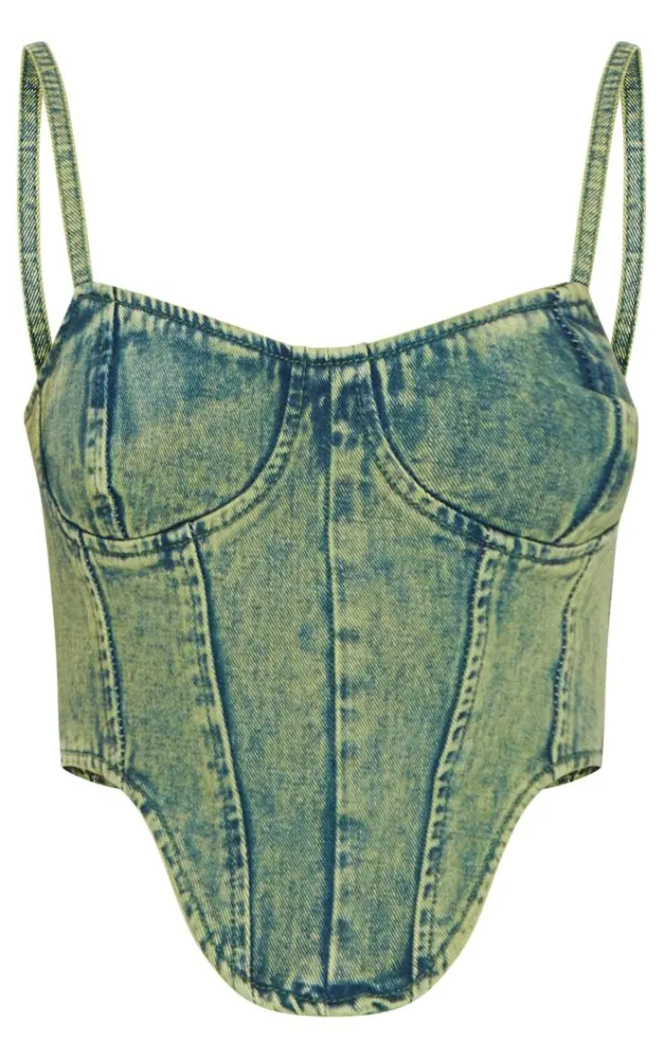 Discount PrettyLittleThing Green Tint Curved Hem Denim Corset Top Vintage Wash