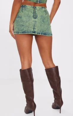 Best PrettyLittleThing Green Tint Low Rise Denim Mini Skirt Vintage Wash