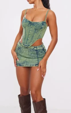 Best PrettyLittleThing Green Tint Low Rise Denim Mini Skirt Vintage Wash