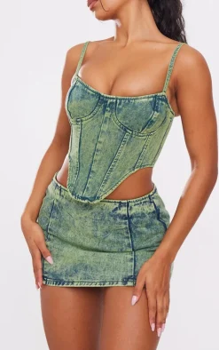 Best PrettyLittleThing Green Tint Low Rise Denim Mini Skirt Vintage Wash
