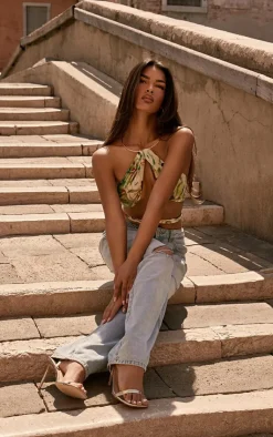 PrettyLittleThing Bralets*Tropical Printed Mesh Gold Necklace Wrap Around Crop Top