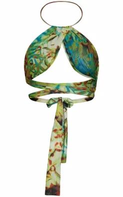 PrettyLittleThing Bralets*Tropical Printed Mesh Gold Necklace Wrap Around Crop Top