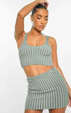 Sale PrettyLittleThing Two Tone Knit Mini Skirt Green
