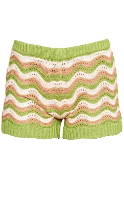 Hot PrettyLittleThing Wave Knit Textured Mini Shorts Green