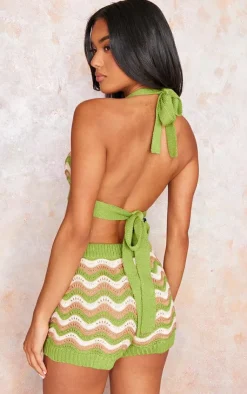 Best PrettyLittleThing Wave Knit Textured Halterneck Crop Top Green
