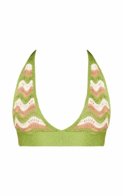 Best PrettyLittleThing Wave Knit Textured Halterneck Crop Top Green