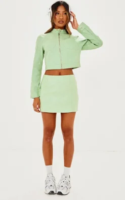 Sale PrettyLittleThing Waxed Denim Seam Detail Mini Skirt Green